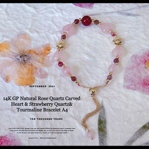 14K GP Natural Rose Quartz Carved Heart & Strawberry Quartz Bracelet A4